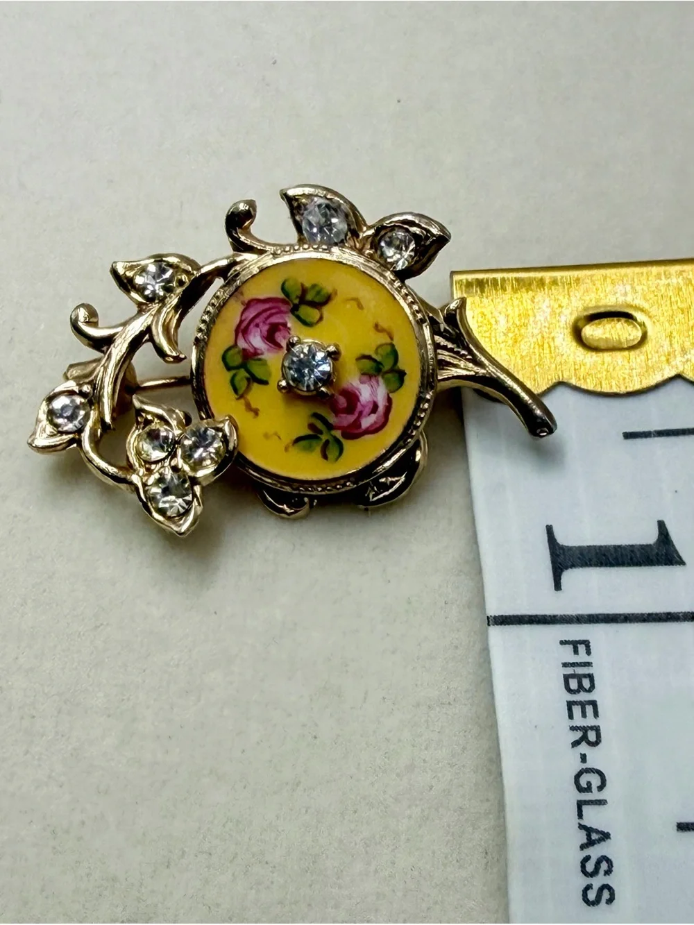 Vintage Yellow Floral Rose Cabochon Brooch Pin with Clear Rhinestones